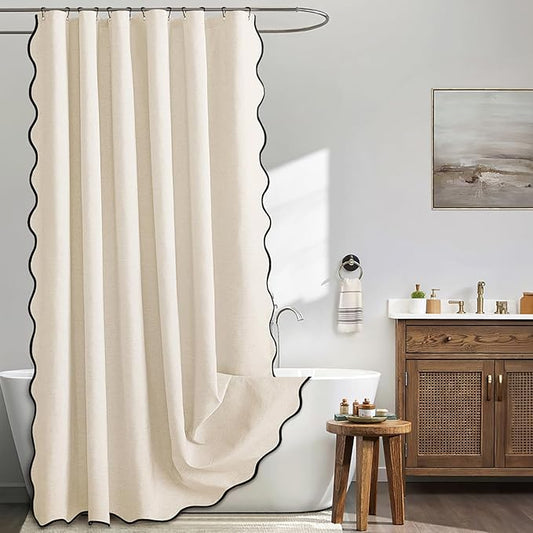 MIULEE Ivory Scalloped Linen Shower Curtain 72x78 Inches | Linen Textured, Waterproof, Washable, 12 Metal Hooks, Heavy Duty Cloth, Black Border, Shower Curtain for Bathroom Bathtub