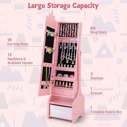 CHARMAID Kids Jewelry Cabinet - 45.5" Standing Armoire With Full Length Mirror, Organizer With Storage Drawers, Vanity Dressing Mirror for Girls (Pink)