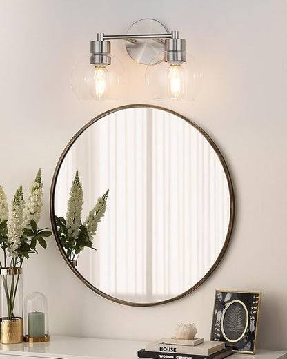 WILON 2-Light Bathroom Vanity Light, Brushed Nickel Vanity Lights for Bathroom, Modern Light Fixtures Over Mirror, Silver Sconces Wall Lamp for Living Room Bedroom Kitchen