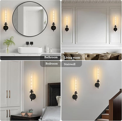 Brass Knurled Tube Wall Sconce - Luxury Modern Glass Sconces with Bulbs - Black Dimmable Indoor Lighting - Vertical Mounted Light Fixture for Vanity Mirror Bathroom Bedroom Living Room Hallway