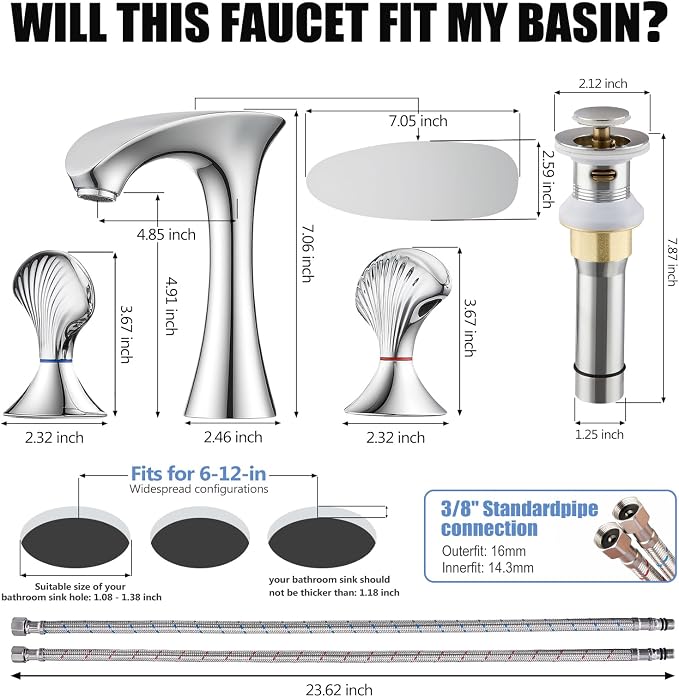 Chrome Bathroom Faucet 3 Hole, 8 Inch Widespread Bathroom Sink Faucet for Vanity, 2 Handle Bathroom Faucets, Bathroom Vanity Faucet with Pop-Up Drain and Supply Hoses