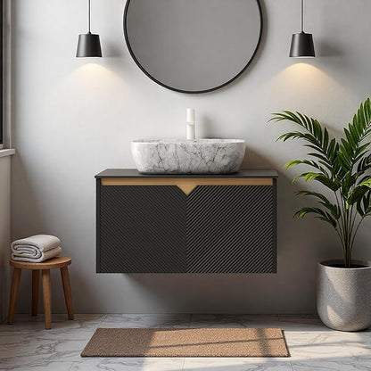 Floating Bathroom Vanity with Sink, 30" Bathroom Storage Cabinet with Sintered Stone Countertop & Marble-Pattern Ceramic Basin, Modern Wall-Mounted Vanity with 2 Twill Pattern Doors, Black
