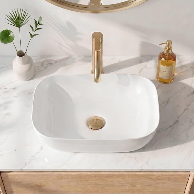 KES 18" x 13" Rectangle Vessel Sink for Bathroom Vanity Countertop, Glossy White Ceramic Porcelain Bathroom Sink Bowl Above Counter, Modern Look, BVS140