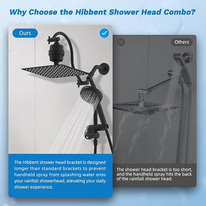 Hibbent 10" Dual Filtered 10" Rainfall Shower Head with Handheld 10-Spray | High Pressure Metal Matte Black Showerhead Combo with Filter, Extension Arm with 4-way Diverter, 71'' Shower Hose & Holder