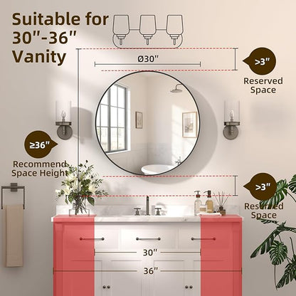 30 x 30 Inch Round Black Mirror Medicine Cabinet Surface Mounted, Circular Modern Bathroom Medicine Cabinet with Mirror, Metal Framed Medicine Cabinets with Tempered Glass Mirror