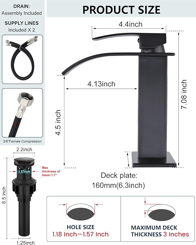 Midanya Bathroom Faucet with Waterfall Spout, Single Hole or 3-Hole Deck Mount, 304 Stainless Steel Sink Faucet with Pop-Up Drain, RV Vanity Compatible,Oil Rubbed Bronze