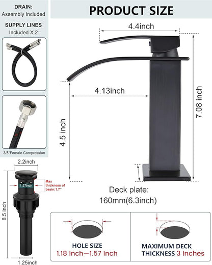 Midanya Bathroom Faucet with Waterfall Spout, Single Hole or 3-Hole Deck Mount, 304 Stainless Steel Sink Faucet with Pop-Up Drain, RV Vanity Compatible,Oil Rubbed Bronze
