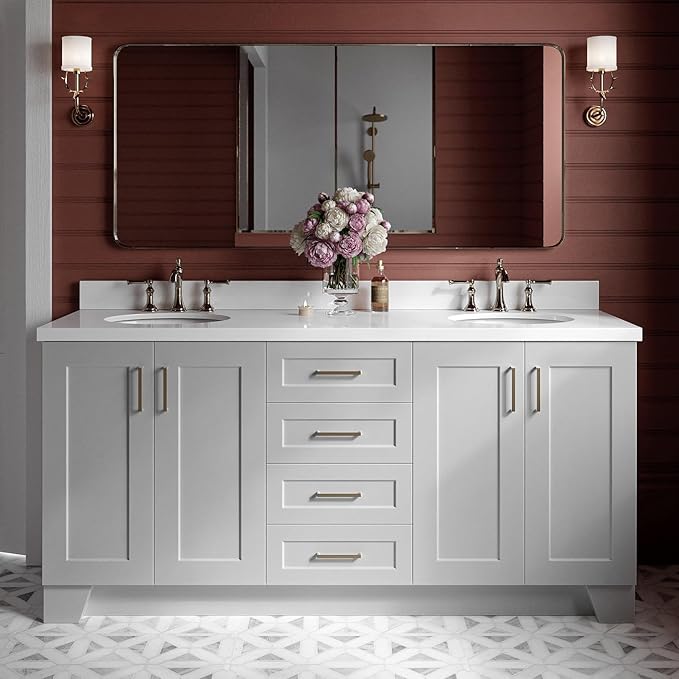 ARIEL Taylor 72-inch Bathroom Vanity with Sink,Solid Wood, 1.5-inch Pure White Quartz Countertop & Backsplash, Double Oval Porcelain Sink, 4 Soft Closing Doors, 6 Dovetail Drawers, Grey