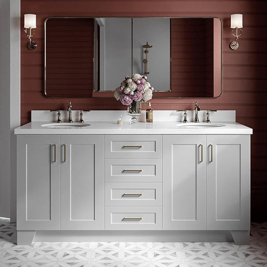 ARIEL Taylor 72-inch Bathroom Vanity with Sink,Solid Wood, 1.5-inch Pure White Quartz Countertop & Backsplash, Double Oval Porcelain Sink, 4 Soft Closing Doors, 6 Dovetail Drawers, Grey