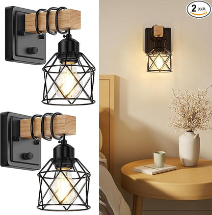 FadimiKoo Dimmable Wall Sconces Set of Two, Bedside Wall Mounted Lamp with Rotary Switch, Wooden Black Bathroom Light Fixtures with Metal Cage, Hardwired Farmhouse Wall Lights for Bedroom, Living Room