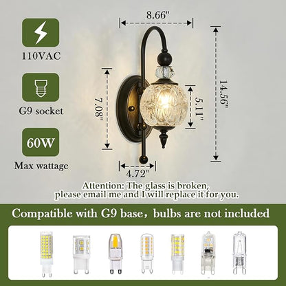 Vintage Black Wall Sconce with Glass Globe Shade Mid Century G9 Bulb Wall Light Indoor Wall Lamp for Bathroom Farmhouse Bedroom Living Room Hallway