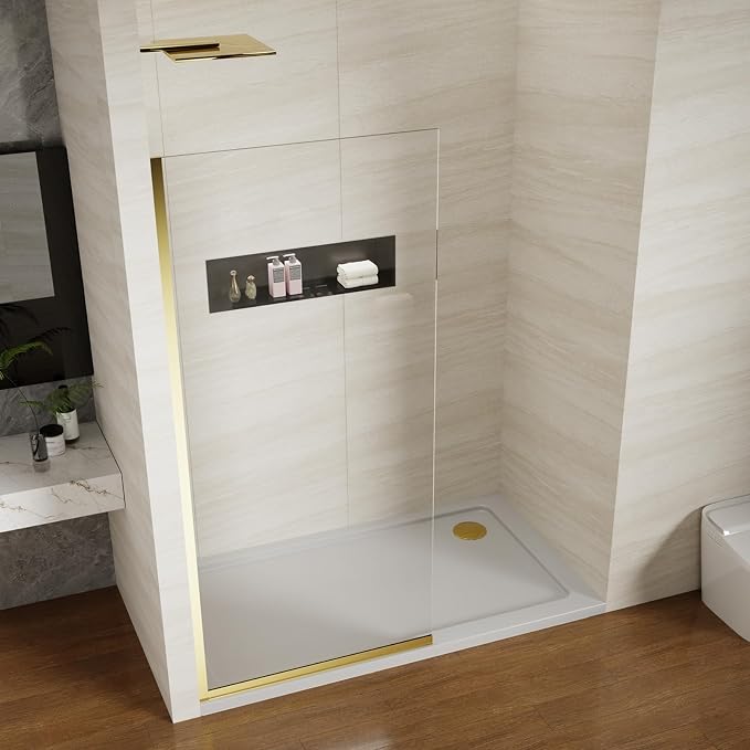 Shower Screen 34" x 74" Half Frameless Shower Wall Panel, Tempered Glass 3/8 inch, Easy to clean Coating, Fixed Glass Shower Door with Hardware (Brushed Gold)