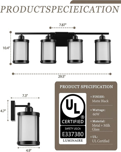 4-Light Black Bathroom Light Fixtures with Milk White Frosted Glass, 29" UL-Listed Modern Wall Sconce Over Mirror with Metal Cage for Bath, Hardwire E26, OS-3014BKW-4W