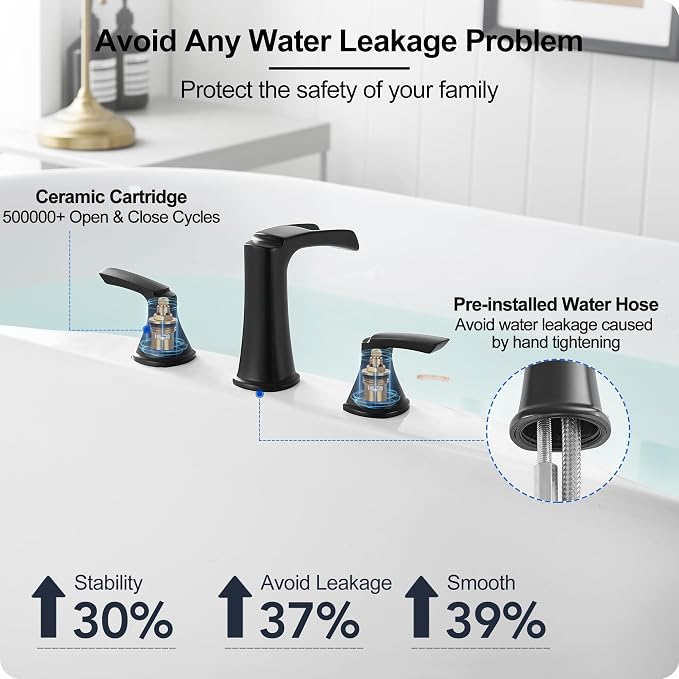 Roman Waterfall Bathtub Faucets, Brass High Flow Bathtub Faucet 3 Hole 6-16 Inch Widespread Black Tub Faucet Set 2 Handle, Deck Mount Filler Bath Faucet for Tub with Supply Water Hose for Modern