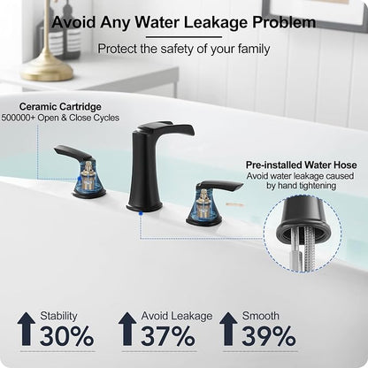 Roman Waterfall Bathtub Faucets, Brass High Flow Bathtub Faucet 3 Hole 6-16 Inch Widespread Black Tub Faucet Set 2 Handle, Deck Mount Filler Bath Faucet for Tub with Supply Water Hose for Modern