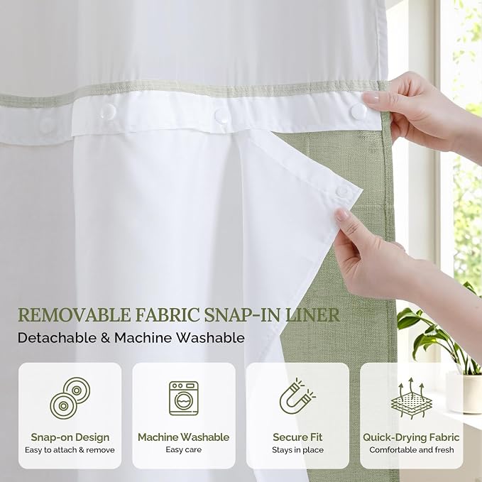 RiverDream Farmhouse No Hooks Shower Curtain with Snap-in Liner,Green,71x86 | Snap on Fabric Liner,Heavy Duty,Quick Dry,Mesh Top Window,With Bottom Magnets,Washable,with Tassels,Extra Long Size