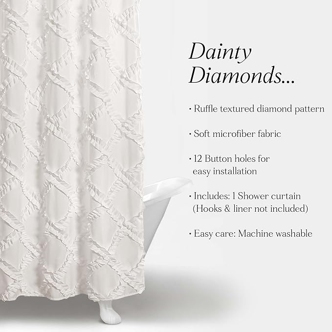Lush Decor Ruffle Diamond Shower Curtain 72"L x 72"L White - Fabric Shower Curtains for Bathroom - White Bathroom Curtain - Vintage Farmhouse Decor
