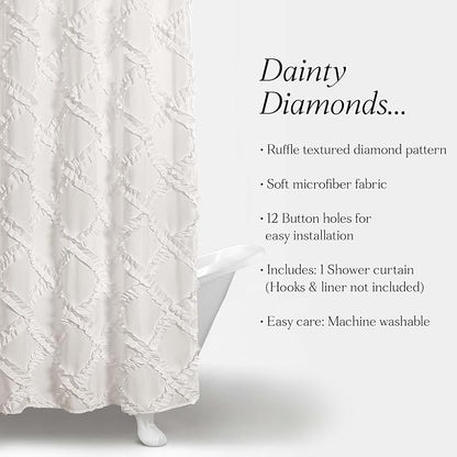 Lush Decor Ruffle Diamond Shower Curtain 72"L x 72"L White - Fabric Shower Curtains for Bathroom - White Bathroom Curtain - Vintage Farmhouse Decor