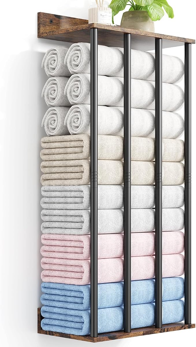 Wall Mounted 4-Bar Towel Rack with Wooden Shelf, Bathroom Storage Holder | Large Bathroom Towel Storage Rack for Rolled Towels, Farmhouse Metal Towel Organizer Shelf with Wooden Storage Shelf