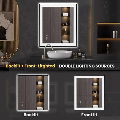 LOAAO 28"X32" LED Bathroom Mirror Black Framed | Anti-Fog, Dimmable, Memory Function, Tempered Glass, Lighted Vanity Mirror for Wall