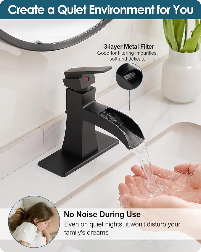 Waterfall Bathroom Faucet Black, Brass Bathroom Faucets One Hole or 3 Hole 4 Inch, Single Handle with Deck Plate & Water Hoses for Morden Lavatory Vanity RV, Not Equipped Pop-up Drain