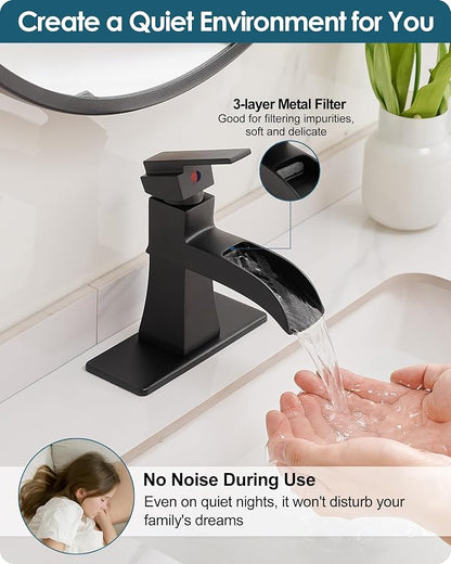 Waterfall Bathroom Faucet Black, Brass Bathroom Faucets One Hole or 3 Hole 4 Inch, Single Handle with Deck Plate & Water Hoses for Morden Lavatory Vanity RV, Not Equipped Pop-up Drain