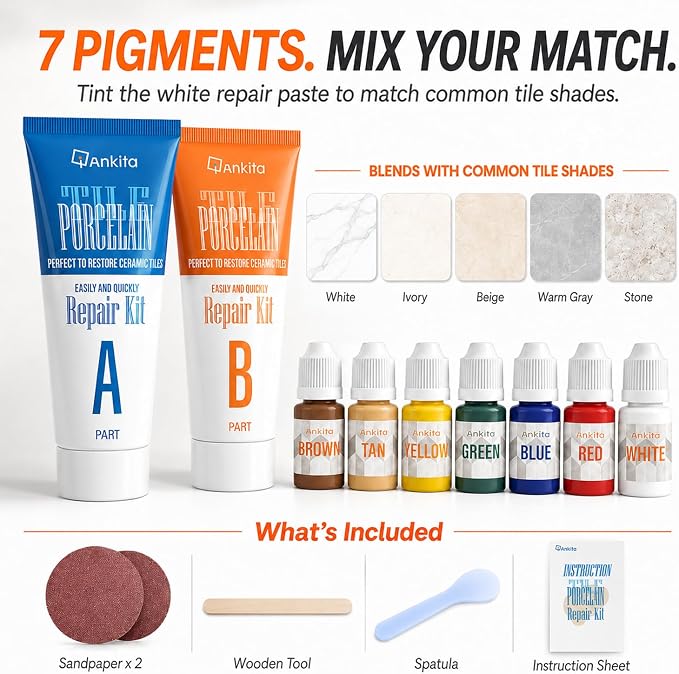 Tile Repair Kit (Color Match), Ceramic & Porcelain Epoxy Putty for Floor | For Chips, Cracks, Holes, Scratches on Porcelain & Ceramic Wall/Floor Tile, Super Bond Ceramic Tile Paste Filler