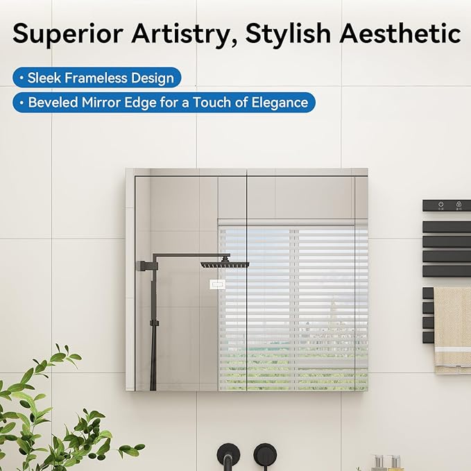 Sunrosa Aluminum Bathroom Medicine Cabinet with Mirror Door, 30"×27.5" Bathroom Mirror Cabinet, Wall-mountable and Recessed-in Mirror Cabinet, 2 Doors Medicine Cabinet Organizer