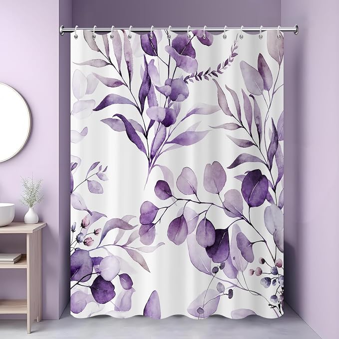 Purple Shower Curtain, Watercolor Eucalyptus Leaves Botanical Plants with Floral Bathroom Curtain Home Bathtub Decor Waterproof Fabric Machine Washable with 12 PCS Hooks,65" Wx72 L