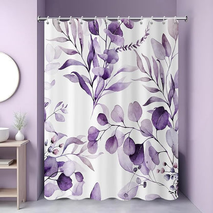 Purple Shower Curtain, Watercolor Eucalyptus Leaves Botanical Plants with Floral Bathroom Curtain Home Bathtub Decor Waterproof Fabric Machine Washable with 12 PCS Hooks,65" Wx72 L