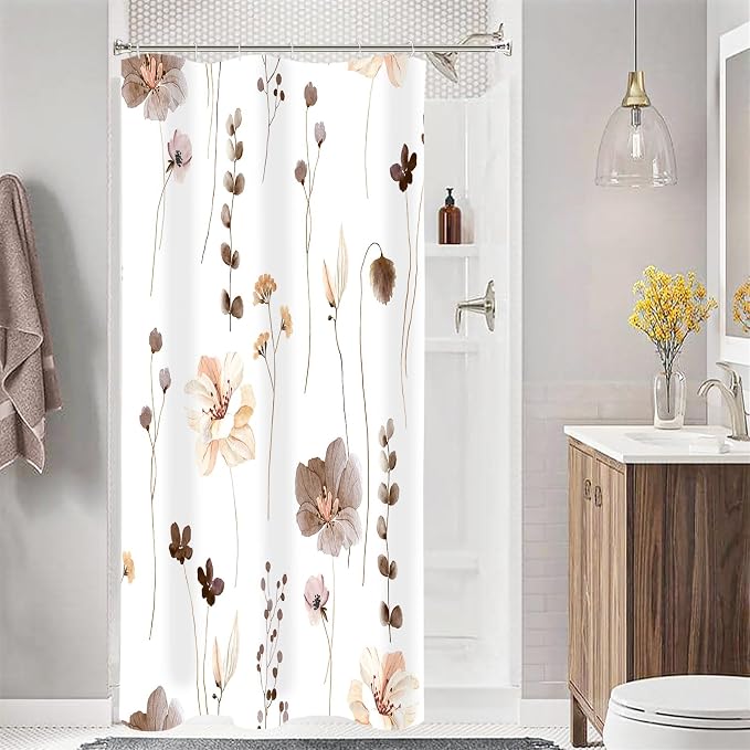 Brown Beige Watercolor Floral Fabric Shower Curtain, 54x72 | Waterproof Fabric, Modern Minimalist Floral Print, Machine Washable, Rustproof Grommets, for Bathroom Home, Stall