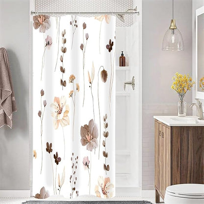 Brown Beige Watercolor Floral Fabric Shower Curtain, 54x78 | Waterproof Fabric, Modern Minimalist Floral Print, Machine Washable, Rustproof Grommets, for Bathroom Home, Stall