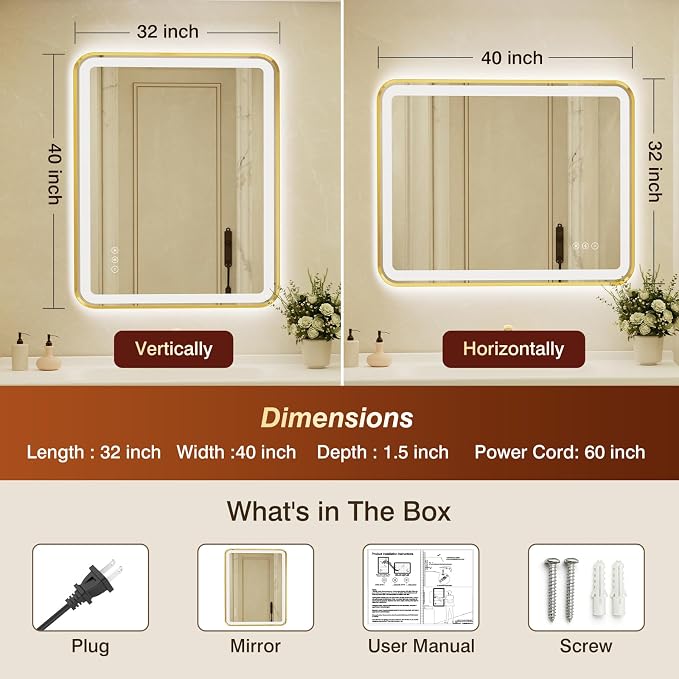 32x40 Inch Gold Framed LED Bathroom Mirror with Lights, Built-in Bluetooth Speaker,Tempered Glass,Dimmable Lighted Bathroom Vanity Mirror with 3 Colors, Backlit + Frontlit, Memory, Anti-Fog