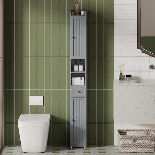 ChooChoo Narrow Bathroom Storage Cabinet with Adjustable Shelves, Tall Storage Cabinet with 2 Doors and 1 Drawer, Freestanding Cupboard for Small Spaces, Grey