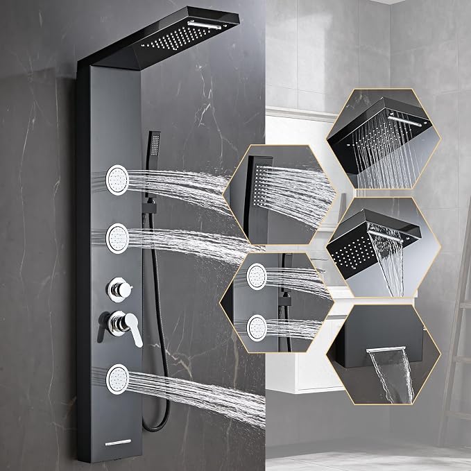 Shower Panel Tower System 5 in 1 Stainless Steel Shower Column | with Rainfall Waterfall Shower Head, Wall-Mount Rain Massage System with 3 Body Jet, Handheld, Tub Spout (Black)