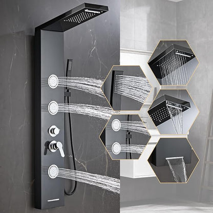 Shower Panel Tower System 5 in 1 Stainless Steel Shower Column | with Rainfall Waterfall Shower Head, Wall-Mount Rain Massage System with 3 Body Jet, Handheld, Tub Spout (Black)