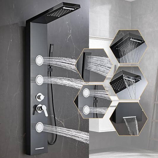 Shower Panel Tower System 5 in 1 Stainless Steel Shower Column | with Rainfall Waterfall Shower Head, Wall-Mount Rain Massage System with 3 Body Jet, Handheld, Tub Spout (Black)