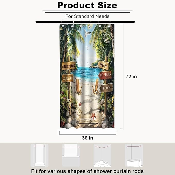 Summer Luxury Beach Shower Curtain Modern Coastal Tropical Palm Tree Pretty | Unique Shower Curtains for Bathroom, Waterproof Bath Curtain with Hooks Machine Washable Bathtub Curtains 36x72 Inch Geeen