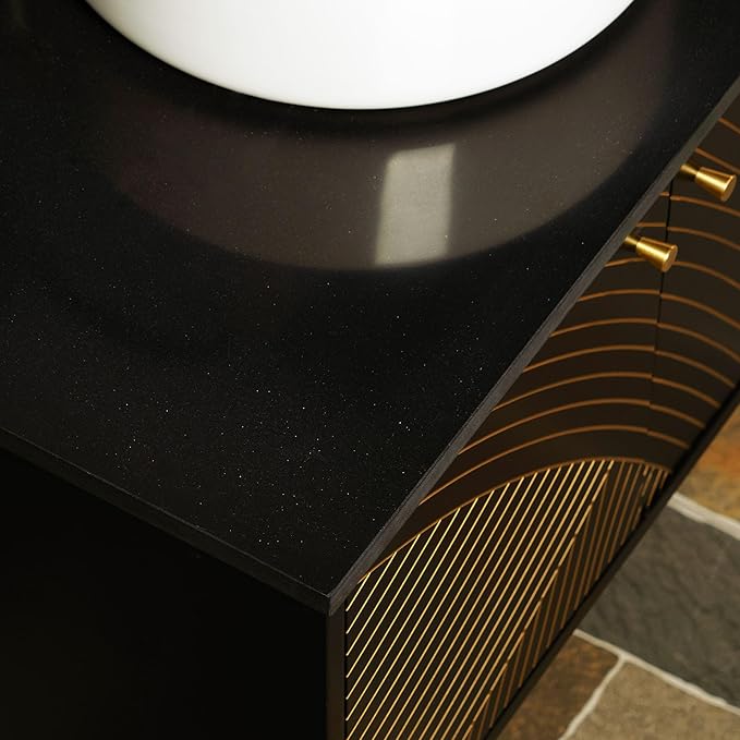 Woodbridge 60"X22" Wall Mounted Vanity with Double Ceramic Round Vessel Sinks,Black Engineered Stone Vanity Top,Floating Design with Hand-Painted Black & Gold Accents,Space-Saving for Modern Living