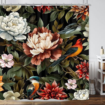 GOAOK Black Boho Floral Shower Curtain, Bright Abstract Bohemian Tropical Leaves Plant Flower Botanical Bird Shower Curtain Set, Modern Aesthetic Boho Chic Fabric Shower Curtain 12 Pack Hooks, 72X72