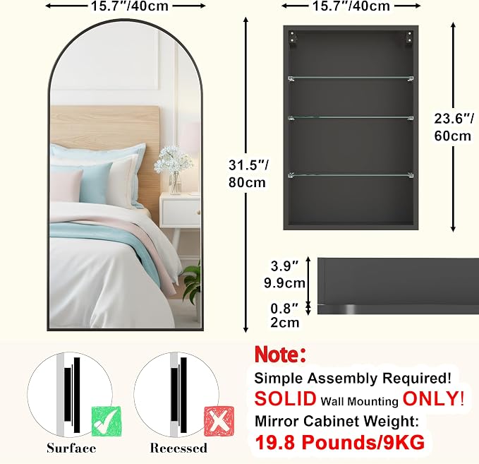 FKWin Mirrored Medicine Cabinets for Bathroom, Arched Mirror with Storage | Arched Mirrored Medicine Cabinet, Easy Install, Adjustable Shelves, Reversible Door, Bathroom Upgrade, 16x32 Inch, Black