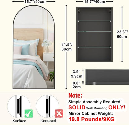 FKWin Mirrored Medicine Cabinets for Bathroom, Arched Mirror with Storage | Arched Mirrored Medicine Cabinet, Easy Install, Adjustable Shelves, Reversible Door, Bathroom Upgrade, 16x32 Inch, Black
