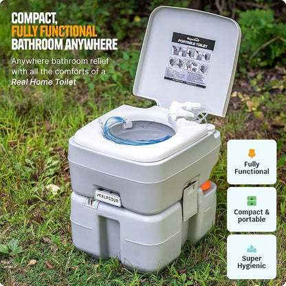 Portable Toilet – Compact Indoor & Outdoor Commode w/Travel Bag for Camping, RV, Boat – Piston Pump Flush, 6 Gallon Waste Tank, Built-In Pour Spout & Washing Sprayer for Easy Cleaning