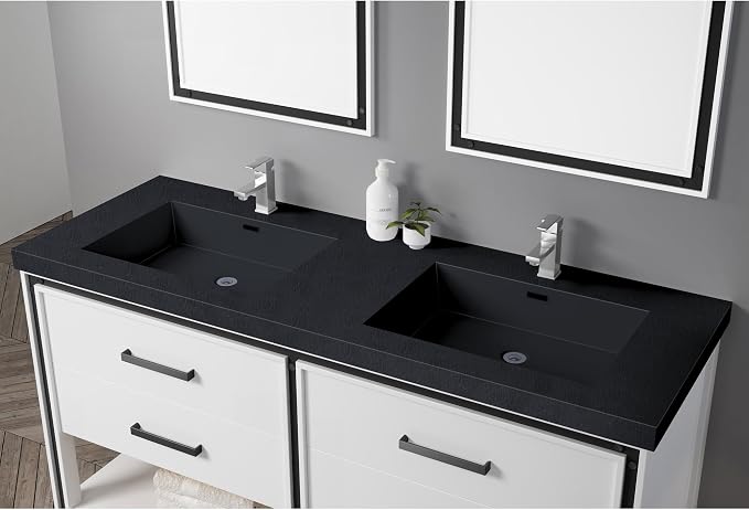 Dowell 61" Bathroom Sink,Double Bowl Vanity Basin,Rectangular Drop-In Bathroom Sink with Overflow,Black-000 6122BPBL