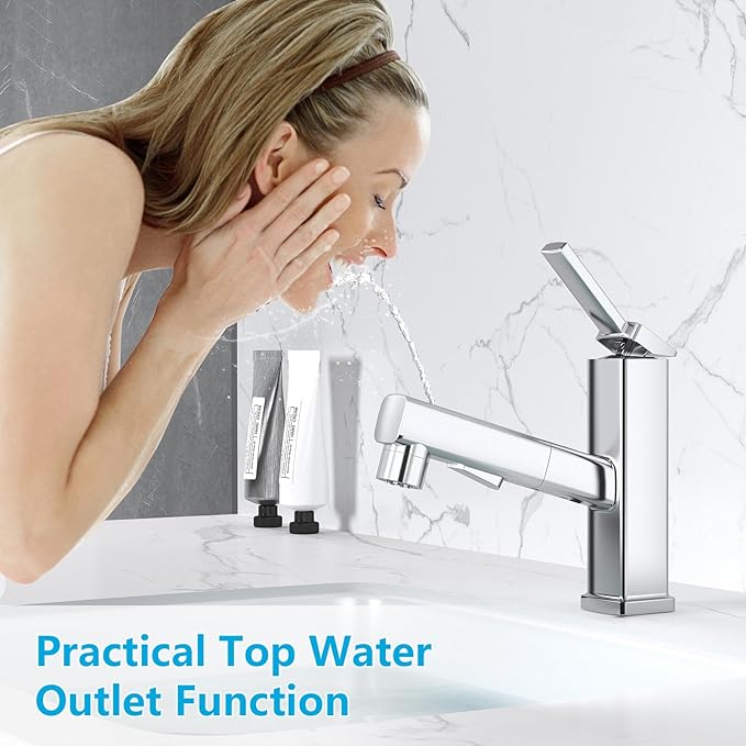Woman washing her face with water from a modern faucet in a bathroom setting.