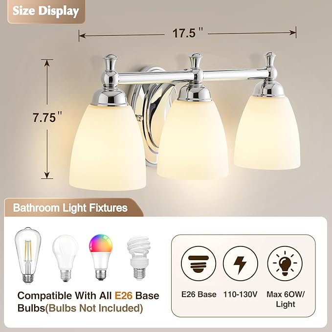 Bathroom Light Fixtures, 3 Light Bathroom Lighting Fixtures Over Mirror Wall Mounted Lighting Chrome Vanity Light for Living Room Cabinet