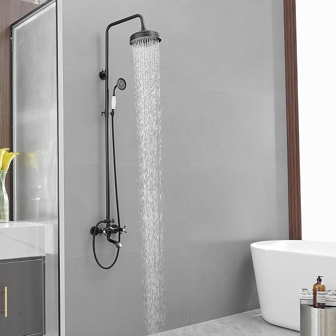 Outdoor Shower Features, Exposed Shower System Wall Mounted | 8 Inch Rain Shower Head Sprayers,Handheld Shower Head & Tub Spout,Solid Brass,Dual Handle,High Pressure,Matte Black