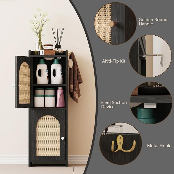 Arbuxzuy Rattan Bathroom Storage Cabinet with 2 Doors and Adjustable Shelf | Black Corner Floor Cabinet, Narrow Toilet Paper Cabinets with 2Hooks,Toilet Organizer for Small Spaces, 7.87"D*9.84"W*29.72"H