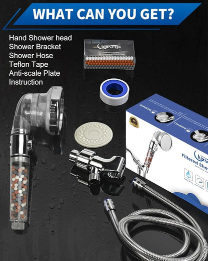 Filtered Shower Head for Hard Water with Stop, High Pressure | 4-Mode, Built-in Power Spray to Clean Corner, Tub & Pets, Water Softener Handheld Shower to Remove Chlorine & Fluoride