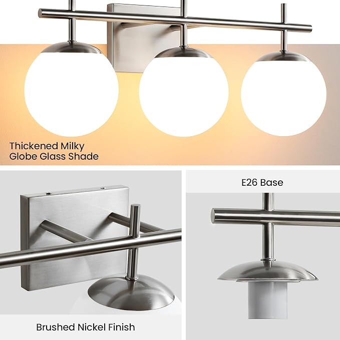 Bathroom Light Fixtures over Mirror, 3-Light Brushed Nickel Vanity Lights for Bathroom, Mid-Century Modern Vanity Light with Milky White Globe Glass Shades, 22.4 Inch Sconces Wall Lighting for Bath